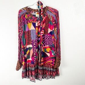 FARM RIO Long Sleeves Mixed Abstract Patches Button Front Mini Dress Size Small